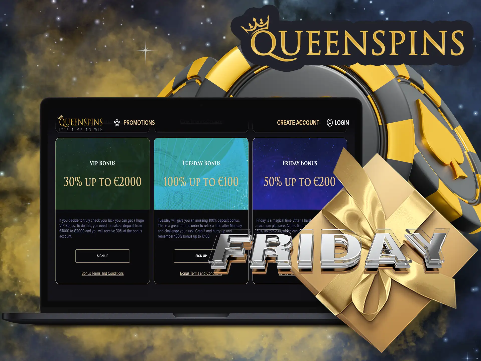 At the end of the week QueenSpins gives huge bonuses, users who entered on this day will be satisfied.