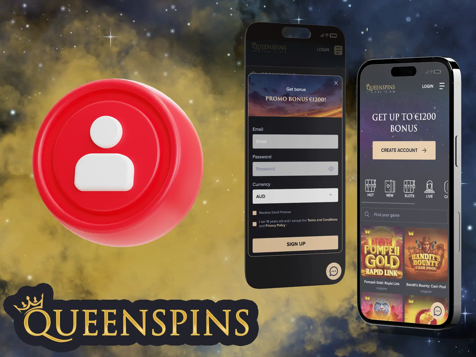 Follow our guide and you'll create an account and start playing at QueenSpins Casino wherever you like.