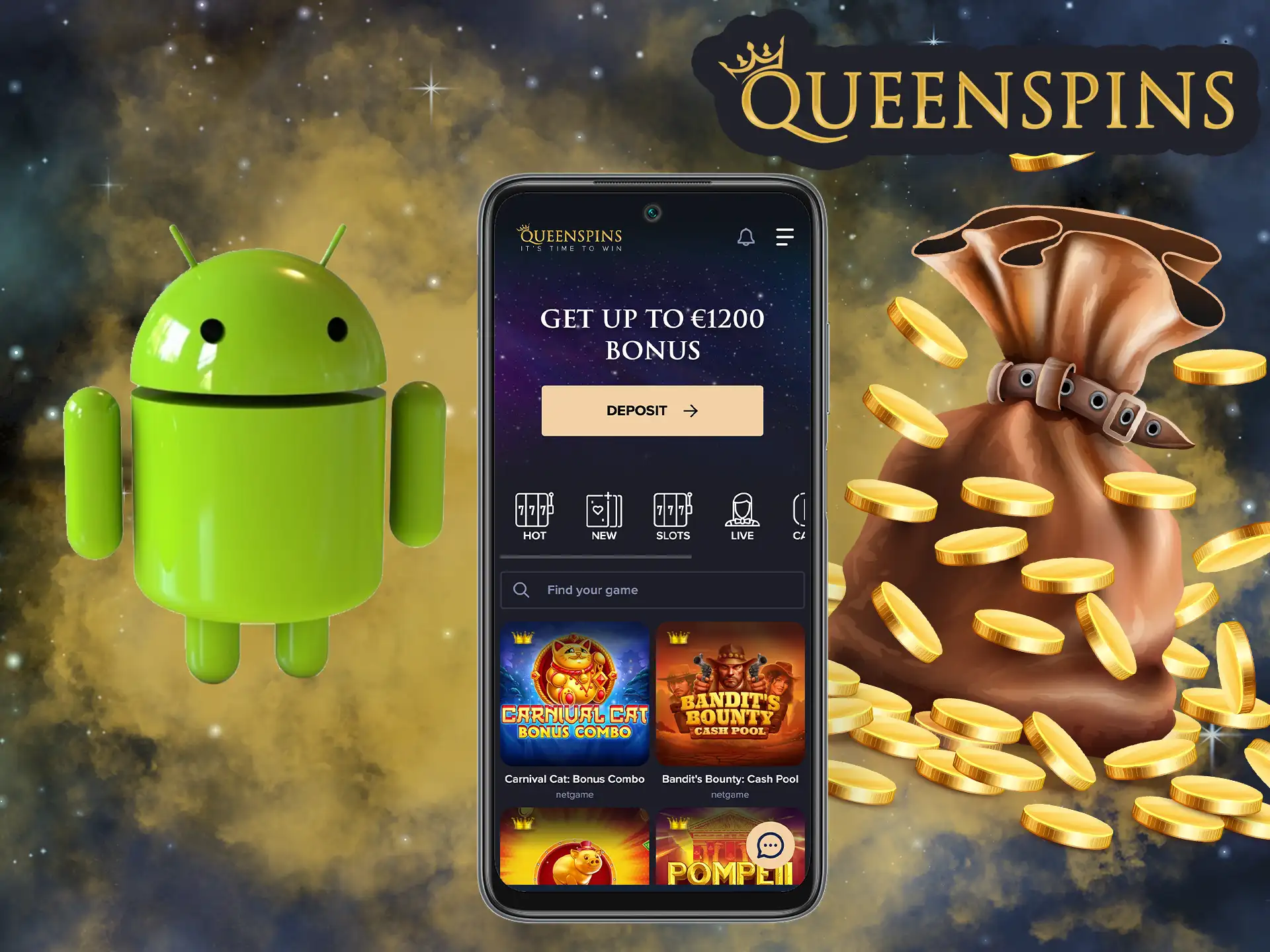 For ease of play, try a special application QueenSpins for this operating system, it has a similar interface to the site.