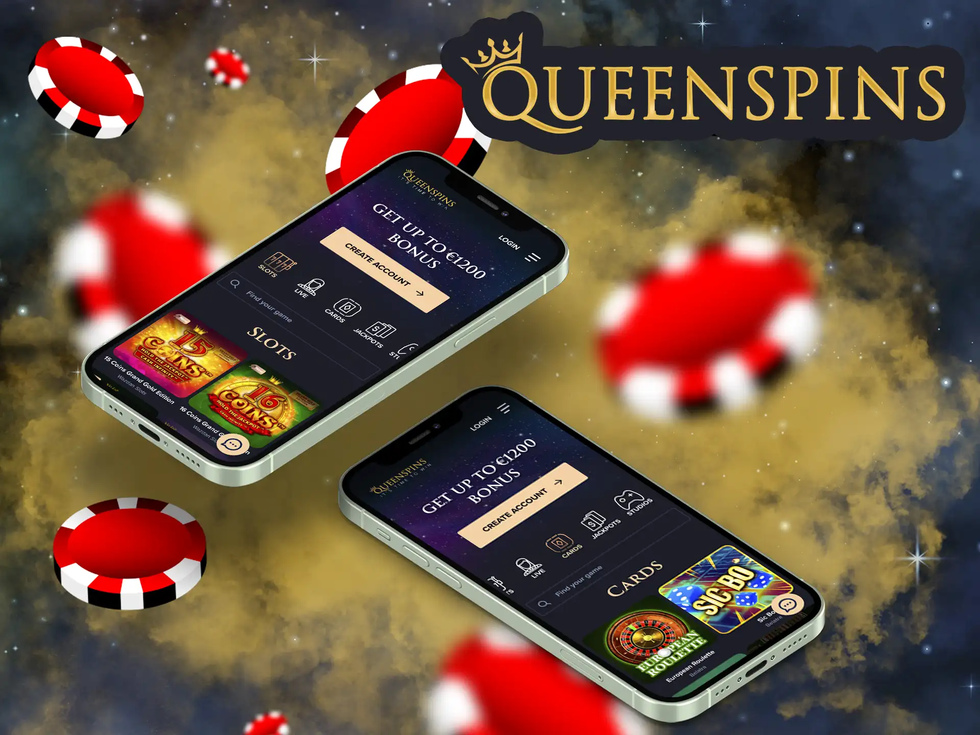 Download the QueenSpins mobile app for iOS and Android from the official website.